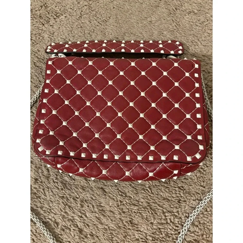 Valentino Rockstud Spike Red White Quilted Handle Shoulder chain Bag.